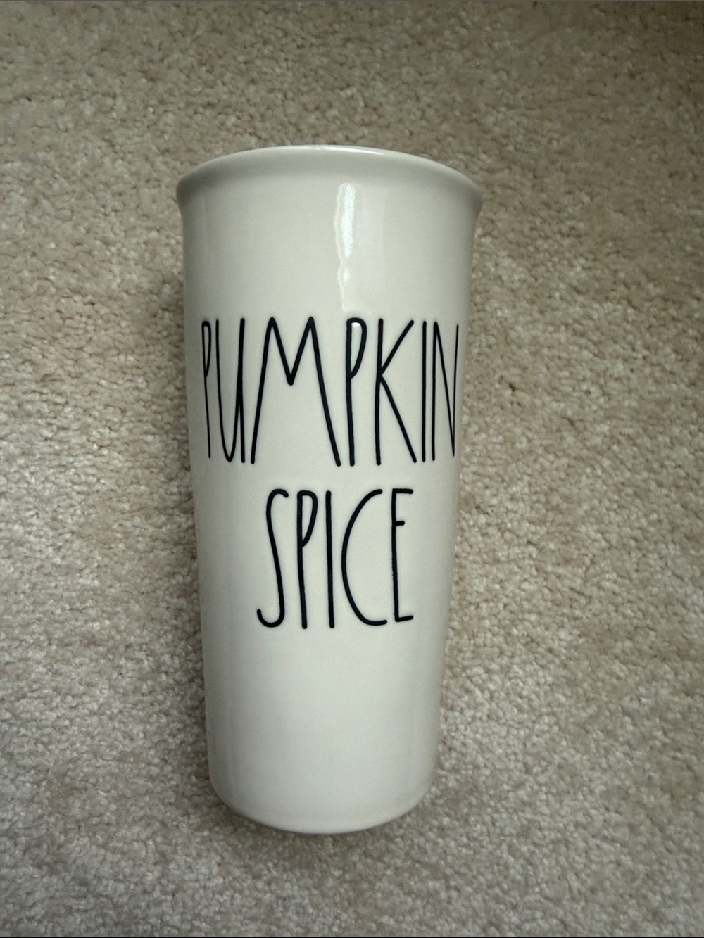 Rae Dunn White Ceramic Tumbler with Black 'PUMPKIN SPICE' Lettering